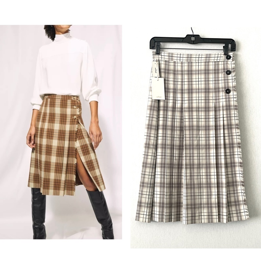 Aritzia Plaid Midi Skirt in Brown and Cream